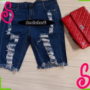 Plus Size Women Knee Length Ripped Denim Shorts